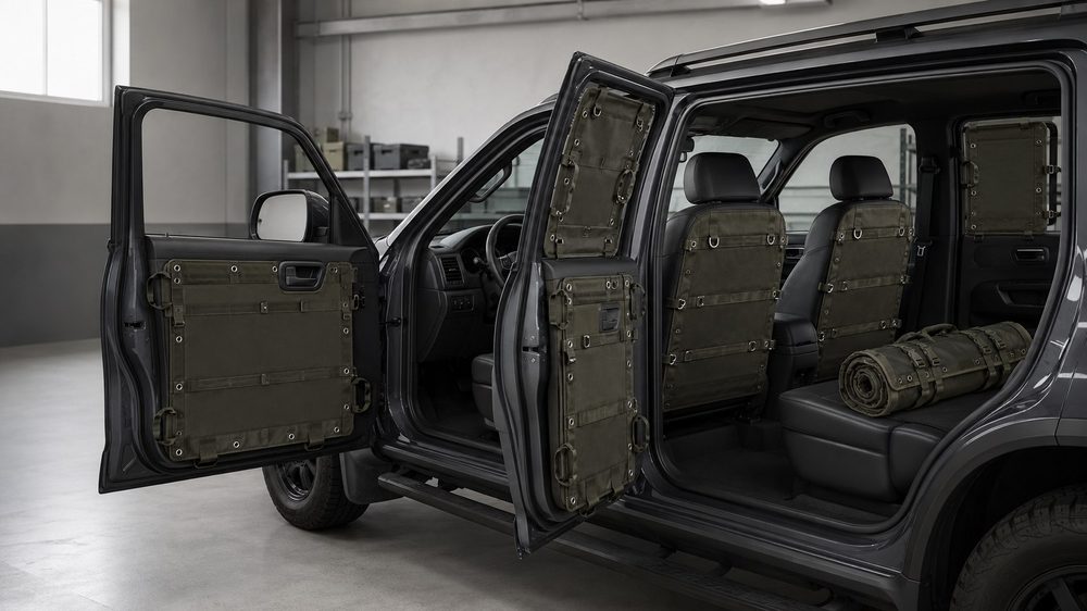 Защитные панели из полотна на дверях и перегородке салона автомобиля